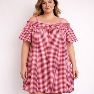 GO COCO Dress 3X Red Gingham Plaid Off Shoulder Cottagecore Picnic Cotton NWT